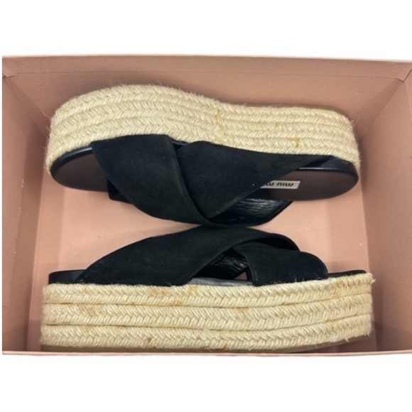 MIU MIU Suede Espadrille Platform Slip on Slides Sandals Black size 8 NEW - Picture 7 of 14